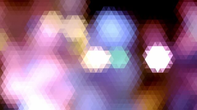 Futuristic pixel art background featuring vibrant hexagonal light patterns and glowing digital spots in a geometric mosaic style for modern designs.