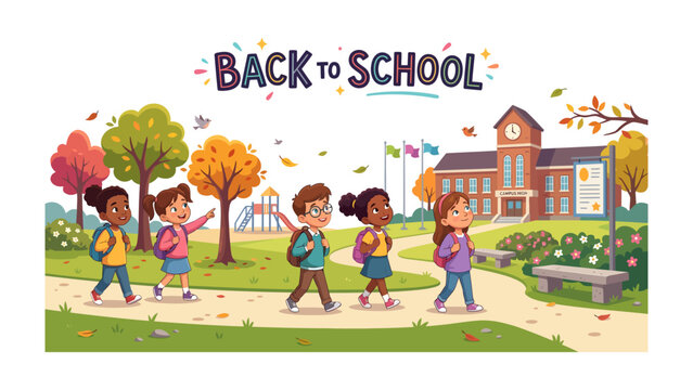 Back To School: A group of diverse children with backpacks walk towards a school building in autumn, ready for a new academic year.