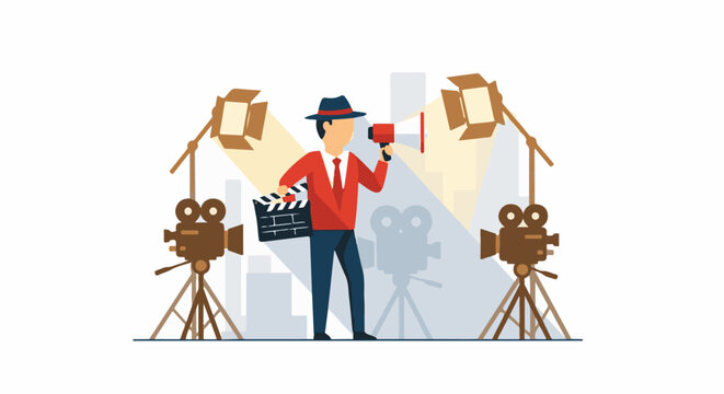A man in a red jacket and hat holds a megaphone and clapperboard