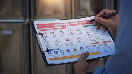 Focused inspector conducts detailed safety audit for chemical storage compliance using clipboard checklist with serious expression