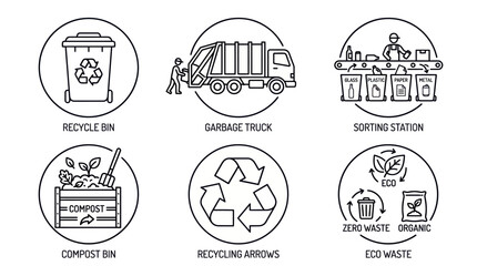 Obraz premium Black and white line icons of recycling and waste management symbols