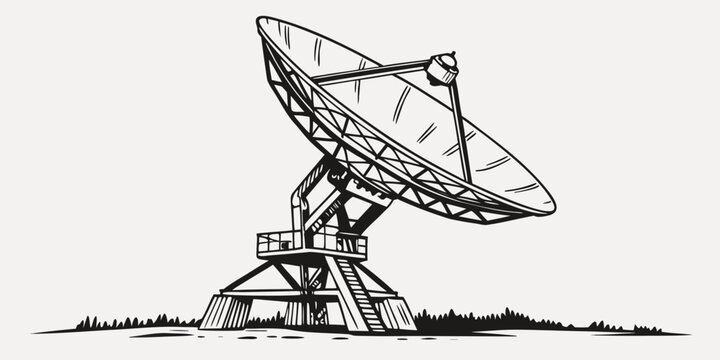 Large satellite dish antenna communications array graphic with communication system transmission system satellite communication telescope technology transmission observatory broadcast
