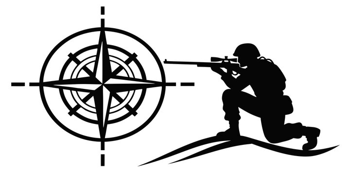 Silhouette graphic of a soldier aiming a scoped rifle next to a navigation compass rose with military navigation silhouette tactical illustration direction orientation precision conflict