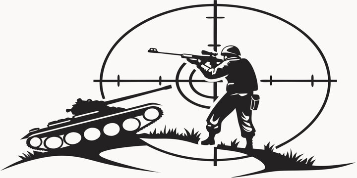 Silhouette graphic of a soldier aiming a scoped rifle at a target with a military tank in the background military targeting silhouette tactical illustration precision protection strategic