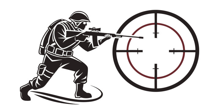 Silhouette graphic of a kneeling soldier with a scoped rifle aiming at a red circular target military targeting shooting silhouette tactical illustration precision protection strategic