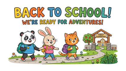 Fototapeta premium Back to School Fun: Adorable cartoon animals, a panda, bunny, and cat, happily head back to school with backpacks, ready for new adventures. The image features a bright.