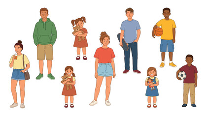 Diverse group of children and teenagers character set. Vector illustration, standing poses, sports balls, skateboard, toys. © Creative Studio 
