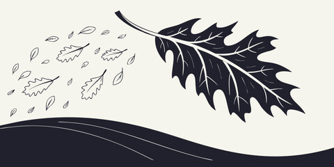 Autumn oak leaf blowing in the wind with smaller leaves drifting environment seasonal minimalist silhouette woodland movement illustration background ornamental landscape november © Kola