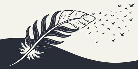 Conceptual graphic design of a feather transforming into a flock of birds with transformation illustration abstract monochrome minimalist creative artistic background isolated migration © Kola