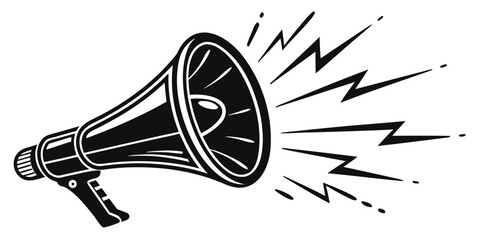 Black and white megaphone icon with striking lightning bolt graphic symbols representing urgent alerts megaphone loudspeaker lightning announcement communication illustration marketing © Kola