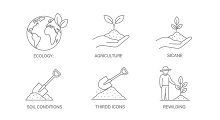 Obraz premium Set of minimal line icons illustrating environmental growth, farming, planting, and ecological stewardship.