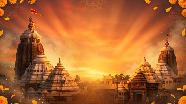 Hindu temple architecture at sunset with traditional marigold flowers
