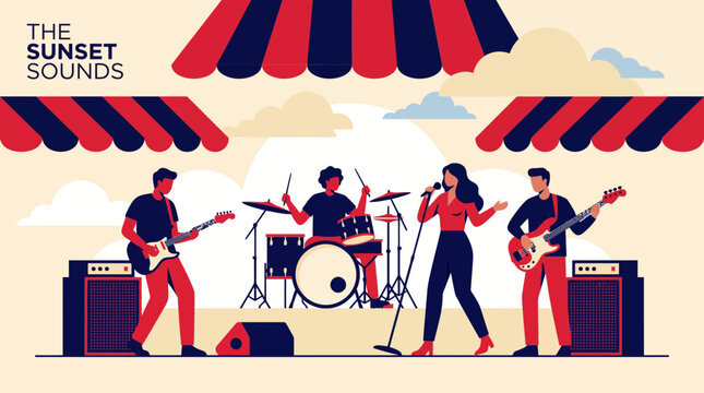 Music Band Live Performance on Outdoor Stage Flat Vector