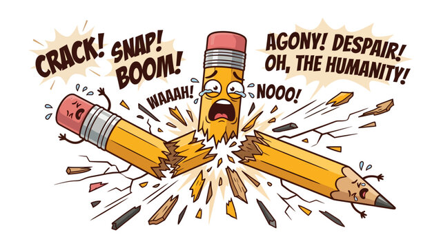 Shattered Dreams: A dramatic illustration depicts a pencil breaking into pieces, expressing anguish and despair with comical sound effects and exaggerated facial expressions.