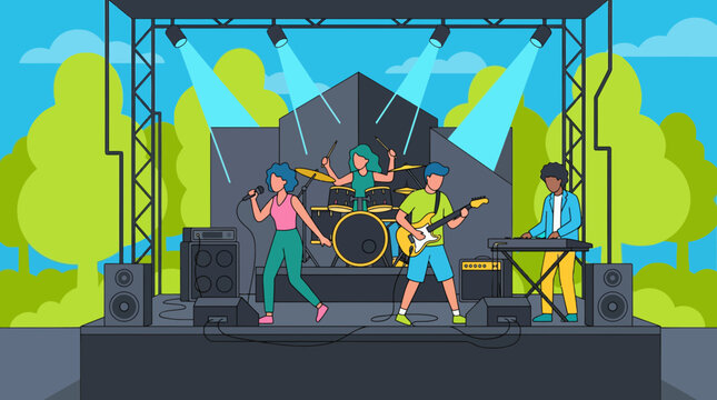 Music Band Performing Live on Outdoor Stage Vector Illustration