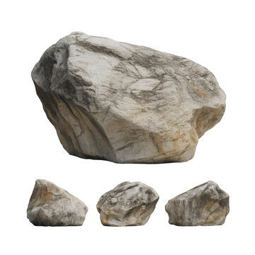 Large grey granite boulder accompanied by three smaller rocks, realistic stone textures with weathered surfaces and natural earthy tones