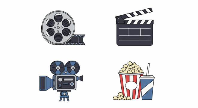 A set of four film-themed icons on a white background