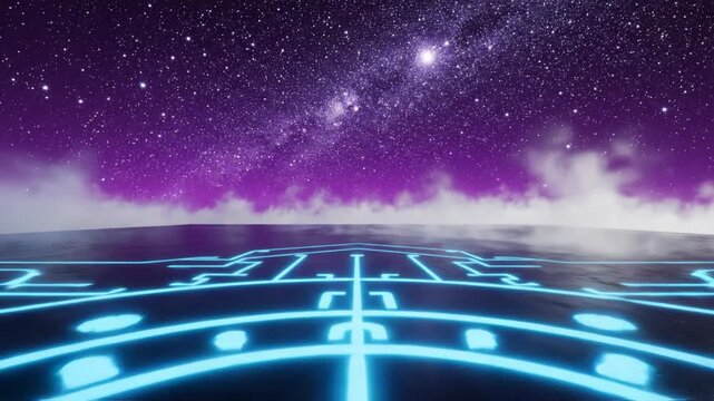 3D render of a futuristic platform with glowing blue neon circuitry patterns, low clouds at the horizon, and a dense purple starry sky background with visible milky way galaxy.