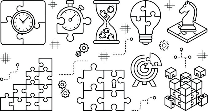 Business strategy and problem solving line icon set featuring puzzle pieces clock hourglass bulb chess knight target vector