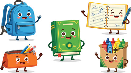 Fototapeta premium Cute school supplies characters set with backpack book notebook pencil case and crayons in flat vector illustration