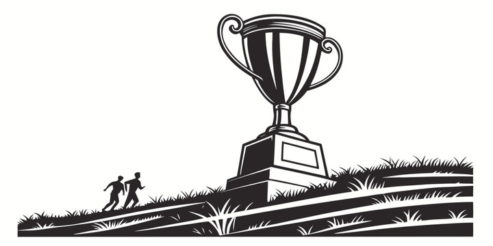 Graphic illustration of a large championship trophy cup on a grassy hill with two athletes running in the distance athletes championship competition achievement training tournament exercise