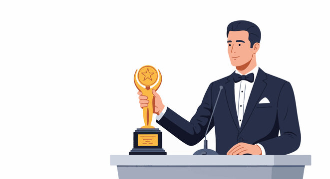 A man in a tuxedo holds a trophy