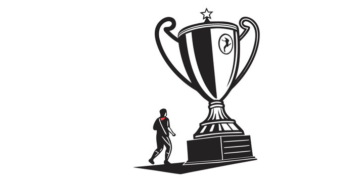 Graphic illustration of a person approaching a giant trophy as a symbol of victory and personal achievement with achievement ambition champion competition business incentive motivation progress