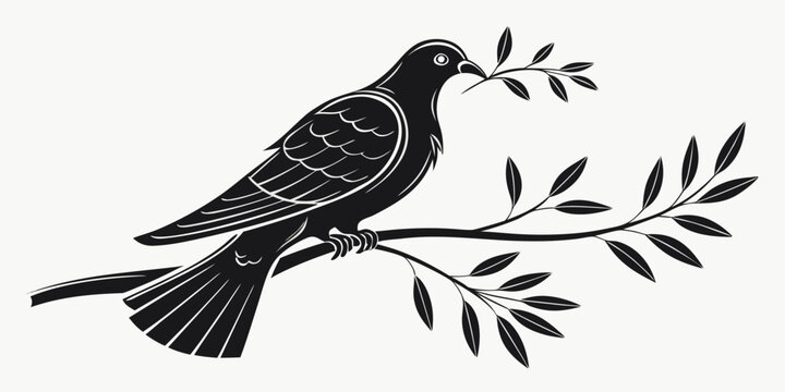 Black and white line art vector illustration of a dove perched on a branch holding an olive leaf with silhouette graphics monochrome illustration isolated wildlife feathers botanical peaceful