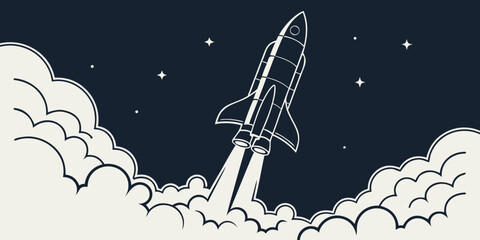 Rocket ship blasting off into the starry night sky surrounded by white clouds vector illustration with spaceship exploration technology astronomy universe achievement progress innovation © Rajiya