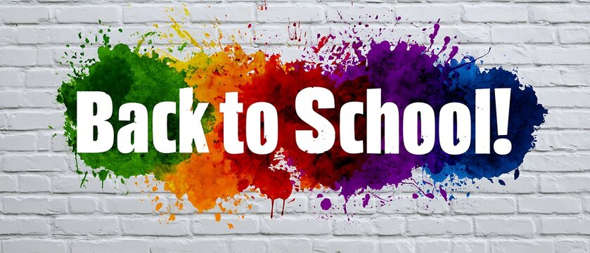Back to school text on colorful rainbow watercolor splash over white brick wall background