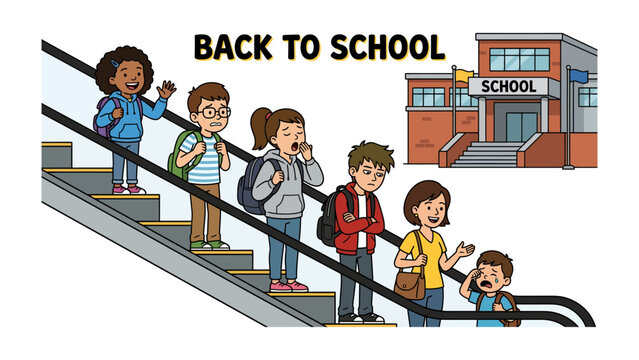 Back to School Excitement: A group of diverse children ride an escalator towards a school building, some eager and excited, others perhaps a little apprehensive about returning to learning.