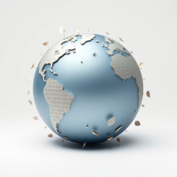 Blue globe depicts continents with binary code. Paper pieces float around it, suggesting data loss or fragility.