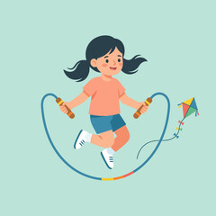 Obraz premium A happy young girl jumping rope with a colorful kite nearby