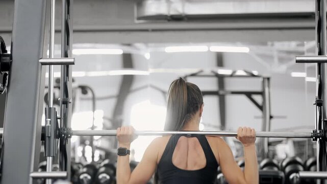 Strong athletic woman performing squat exercise on Smith machine in fitness gym. Functional strength training focused on legs, glutes, muscle development and body conditioning.