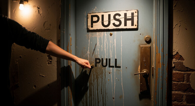 Confusing door signs push and pull on a distressed blue door in a dimly lit room with a person trying to open it.