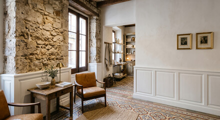 Fototapeta premium Vintage leather armchair corner with stone wall and warm lighting