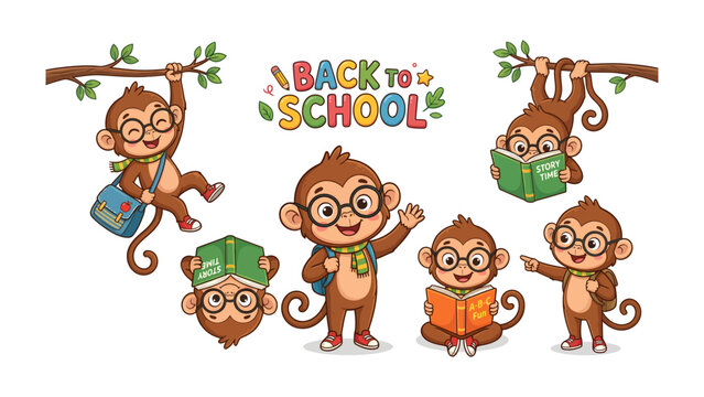 Back to School Monkeys: A group of playful monkeys, dressed in school attire and wearing glasses, engage in various activities related to learning and the start of the school year.