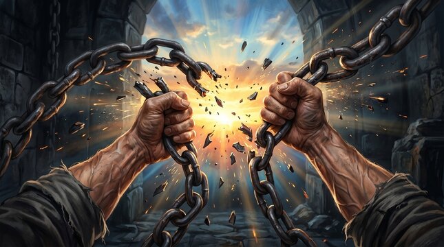 Powerful symbolic hands breaking chains