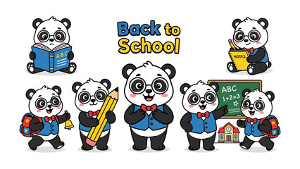 Panda Back to School Adventure: A collection of adorable pandas, dressed in academic attire, engage in various school-related activities, creating a whimsical and educational scene. © Jannat