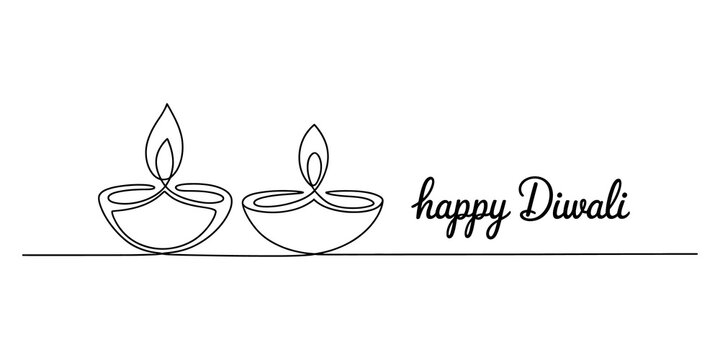 Continuous one line drawing Happy diwali festival of lights with line art diya oil lamps