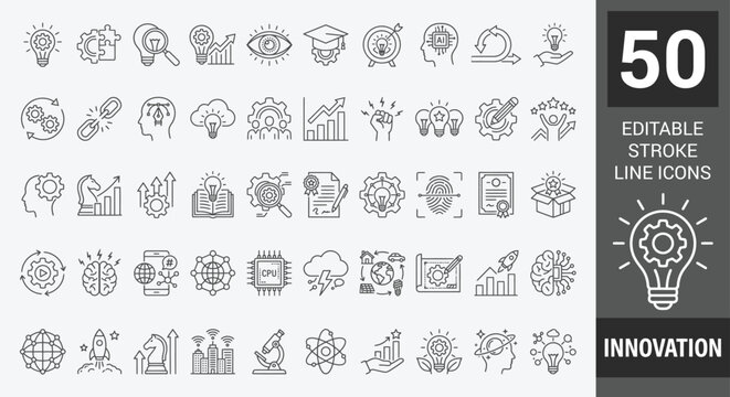 Innovation icon set. Containing creativity, invention, prototype, Design Thinking, Brainstorm, visionary, revolution and more. Outline Icon Collection. Editable stroke. Vector illustration