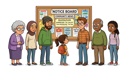 Community Gathering at Notice Board: A diverse group of people, representing different ages and backgrounds, stands around a bulletin board filled with community news and event announcements. © Azizun