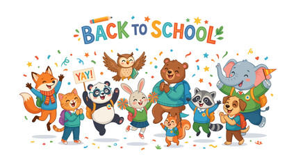 Fototapeta premium Back to School Animal Parade: A joyful procession of cartoon animals, including a fox, cat, panda, rabbit, owl, bear, chipmunk, raccoon, and dog.