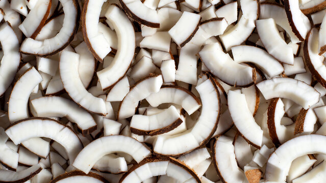 Close-up of freshly chopped coconut pieces creating a natural tropical food background with white coconut flesh and brown shell.