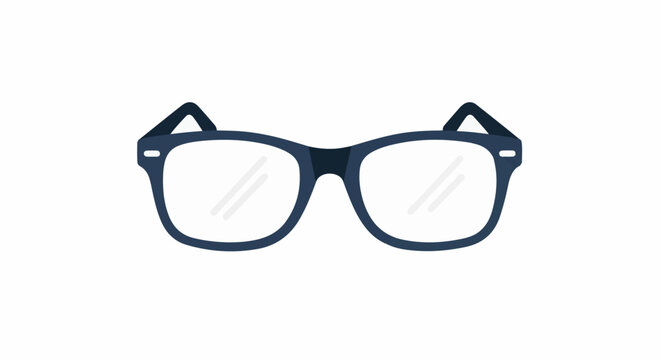 A minimalist illustration of a pair of glasses with dark blue frames and clear lenses