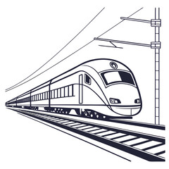 Sleek high speed passenger train on railway tracks with overhead electricity lines vector line art illustration transport passenger electric railroad locomotive illustration overhead mobility © Tonni