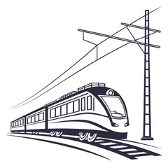 Modern high speed electric passenger train traveling on tracks with overhead power lines vector illustration transport electric railroad passenger commuting locomotive illustration overhead © Tonni