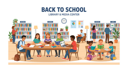Back to School Library Scene: A vibrant illustration depicting students of various ages and backgrounds engaging in learning and reading within a well-stocked library and media center. © azizunnahar