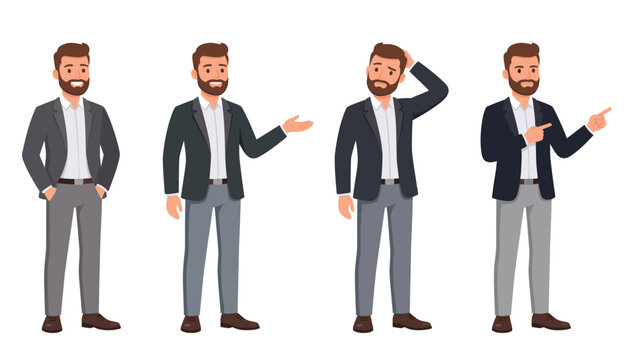 Bearded businessman character set in smart casual outfit. Vector illustration, diverse poses, presenting, confused, pointing.