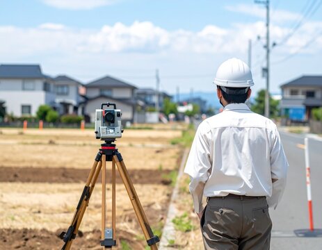 Japanese Land Surveyor Measuring Residential Development Site